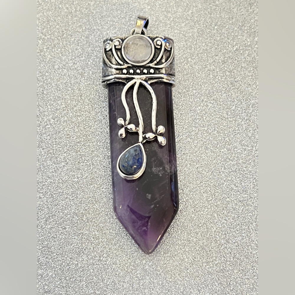 Tibetan Scroll Silver Set Amethyst w/Lapis Lazuli w/teardrop-opalite cabochon 🔆